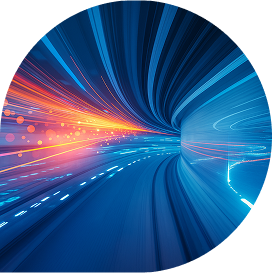 Abstract colorful doorway with blue and orange tones in a circle with bottom right corner squared