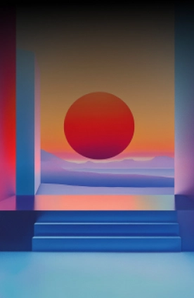 Sunset scene with a large red sun, blue stairs, and abstract architectural elements