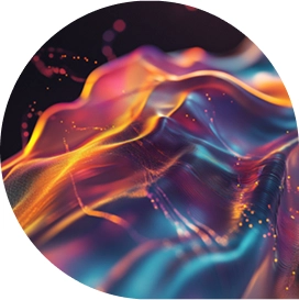 Abstract colorful fluid art with orange, blue, and purple hues in a circle with bottom right corner squared