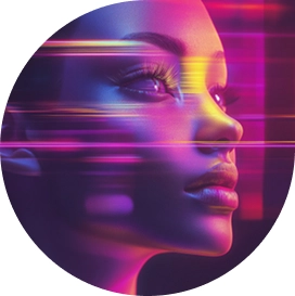 Profile of woman with purple and pink glitch effect in a circle with bottom right corner squared