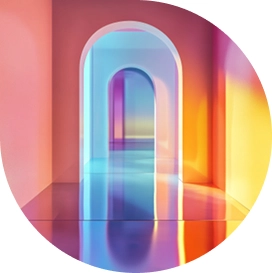 Abstract colorful doorway with blue and orange tones in a circle with bottom right corner squared