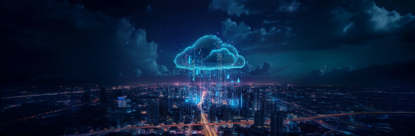 Digital cloud hovering above a cityscape at night.