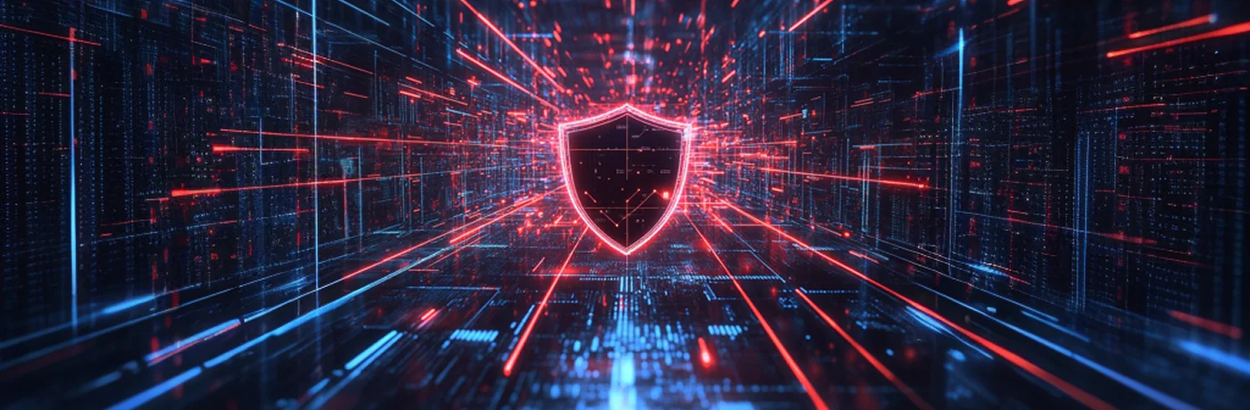 Glowing digital shield with a keyhole symbol on a dark, futuristic background.