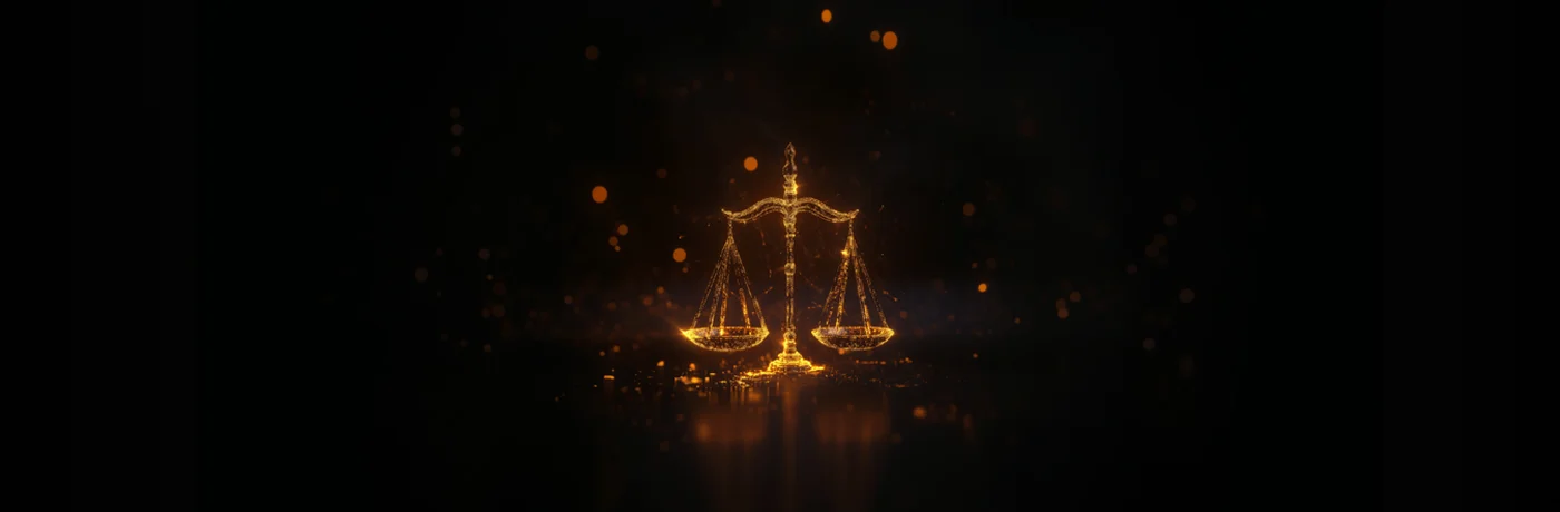 Glowing golden scales of justice on dark background.