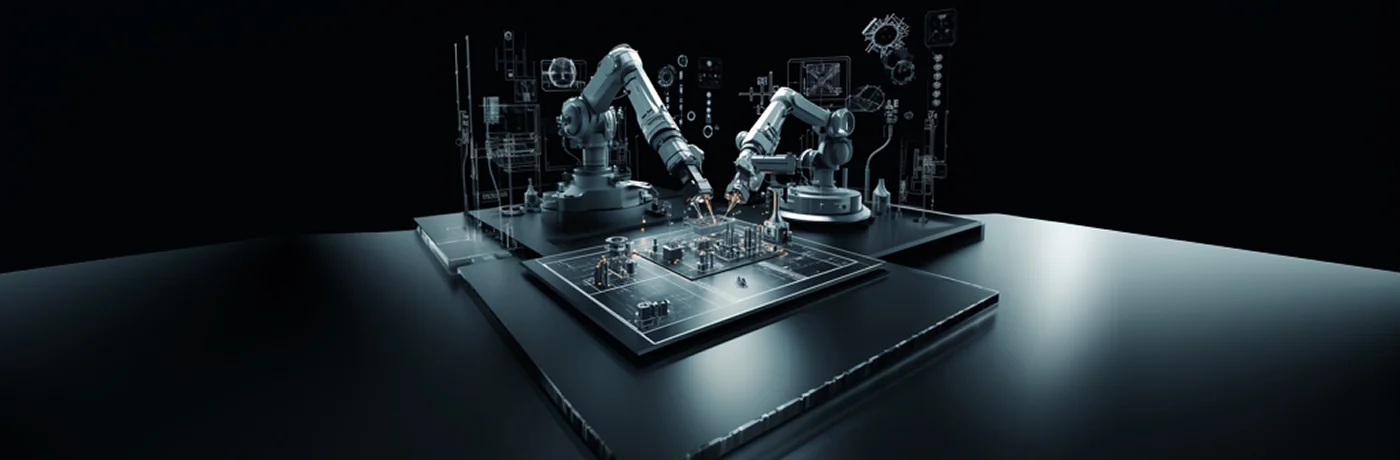 Robotic arms assembling electronic components on a digital blueprint.